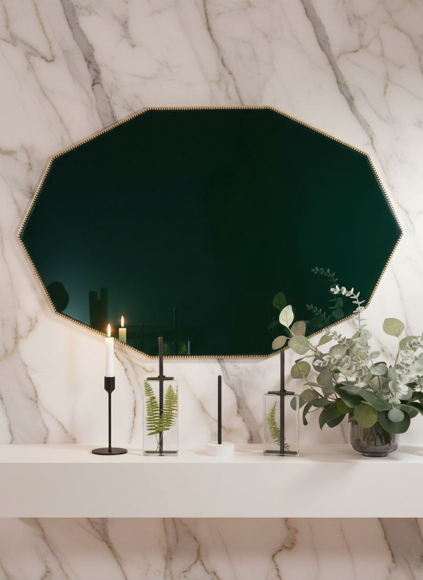 Green diamond shaped mirror with gold Victorian braid