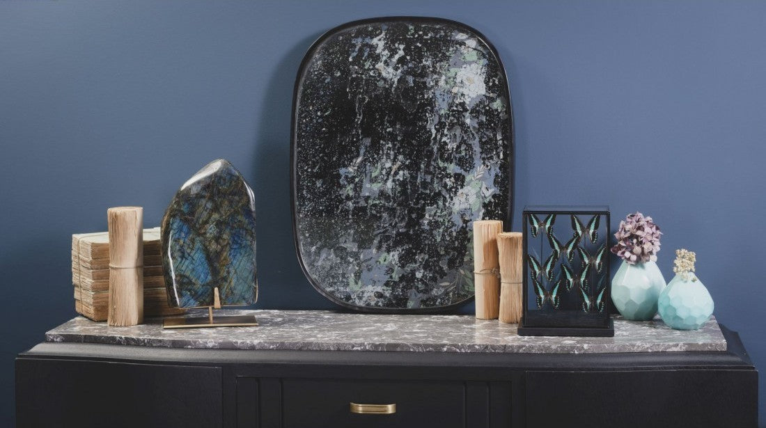Black Oval Semi Erased Mirror with Blue Textile Print