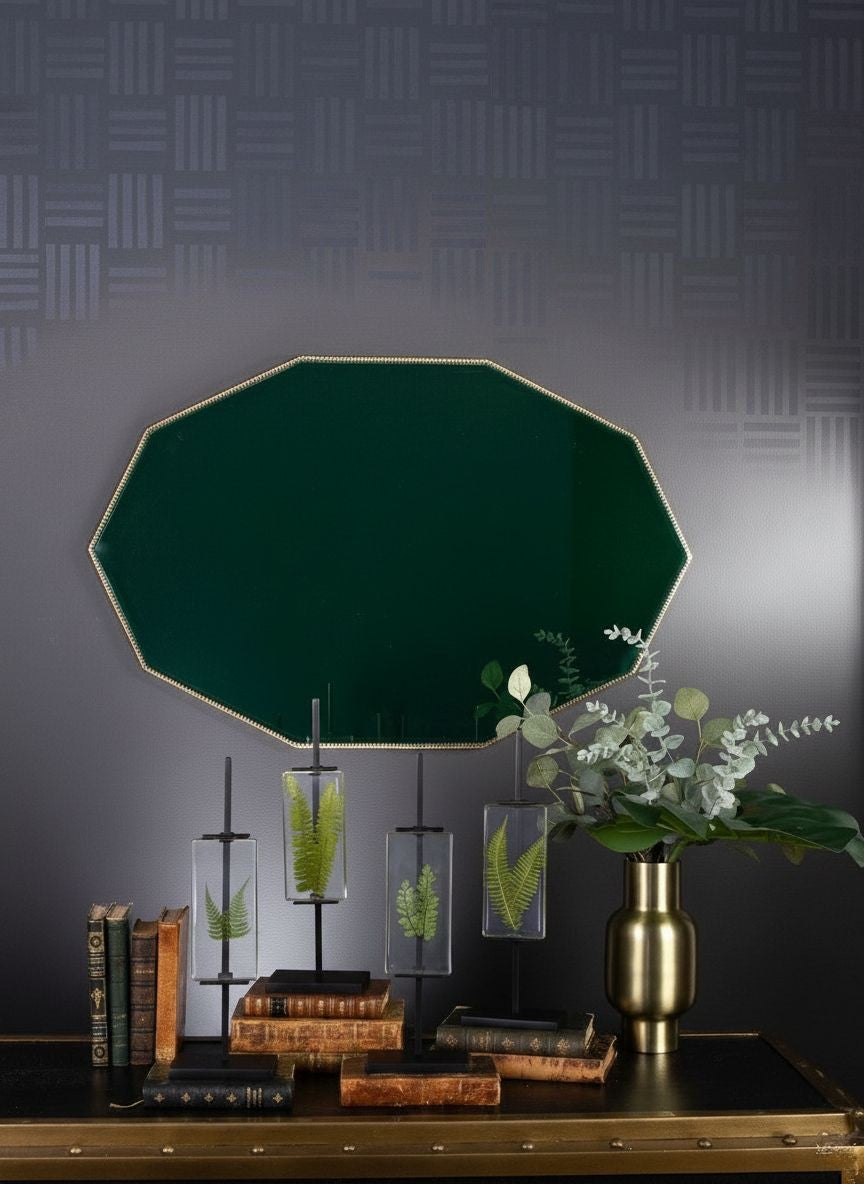 Green diamond shaped mirror with gold Victorian braid