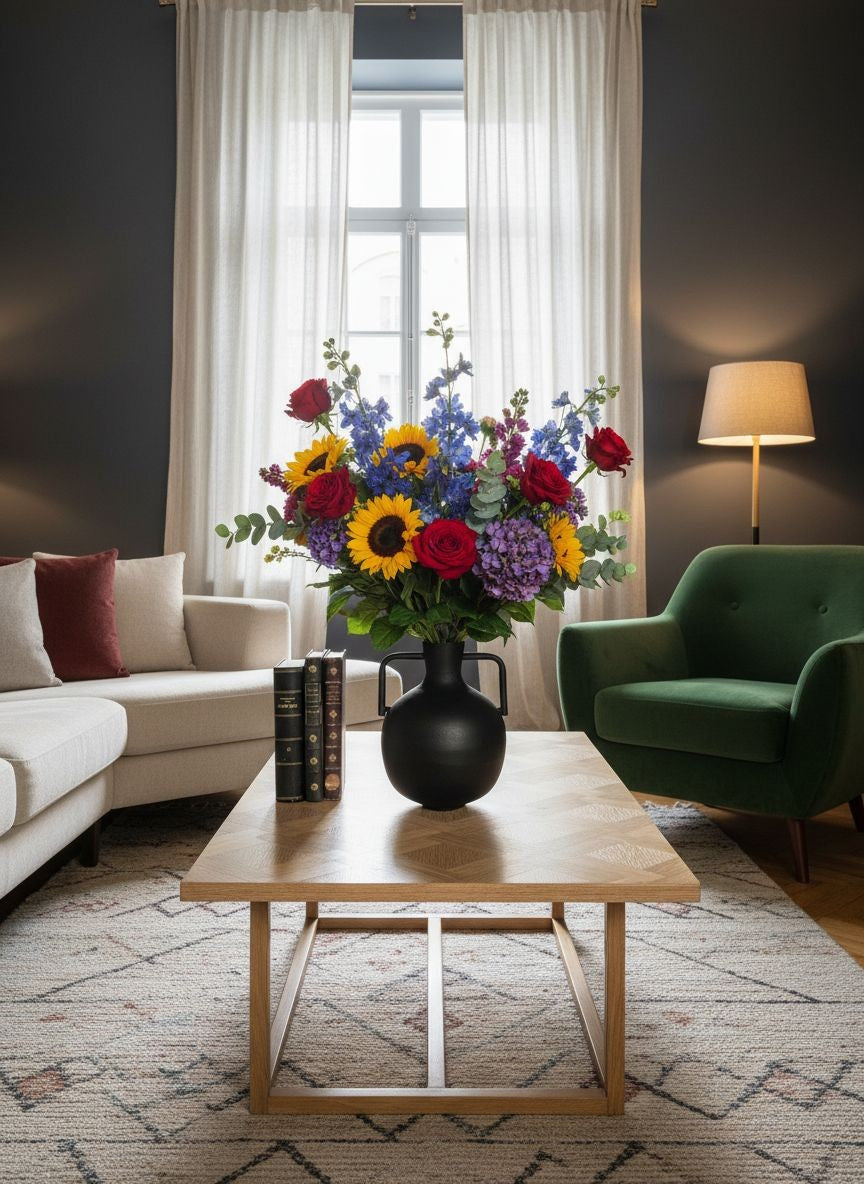 Black Metal Vase with Flowers in Living Room