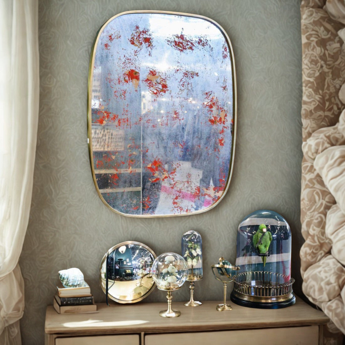 Brassed Oval Mirror with Pink Flowers