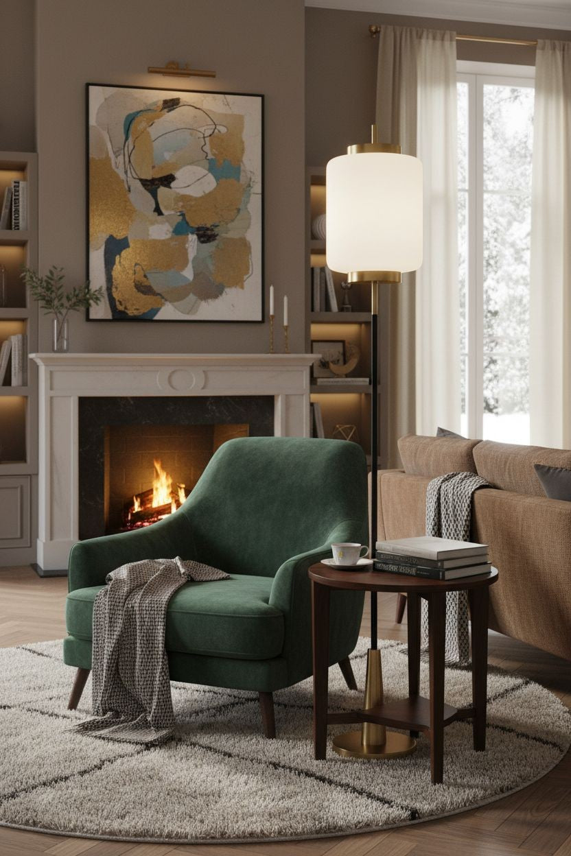 White Whisper floor lamp with glowing white shade and gold accents in an elegant living room